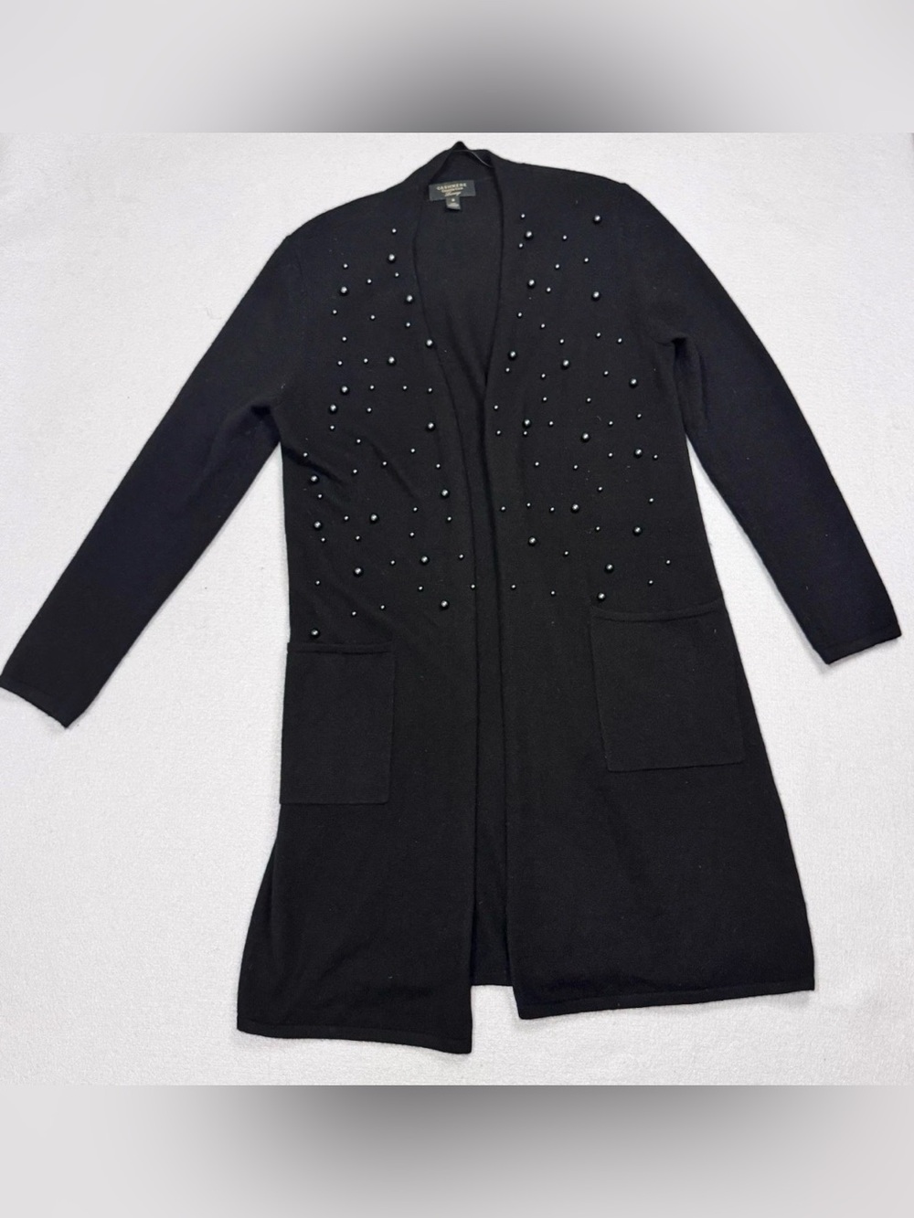 Charter Club 100% Cashmere Open Front Long Cardigan Sweater W/ Pearls In Black-L